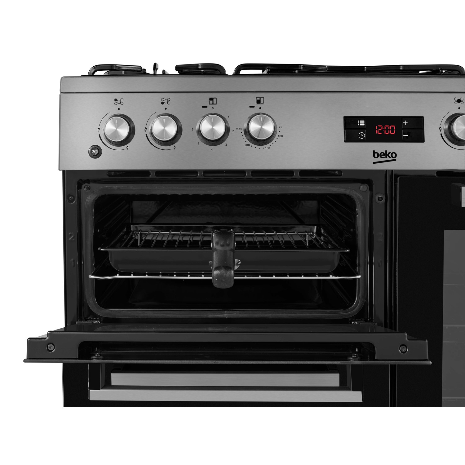 beko 90cm dual fuel range cooker stainless steel