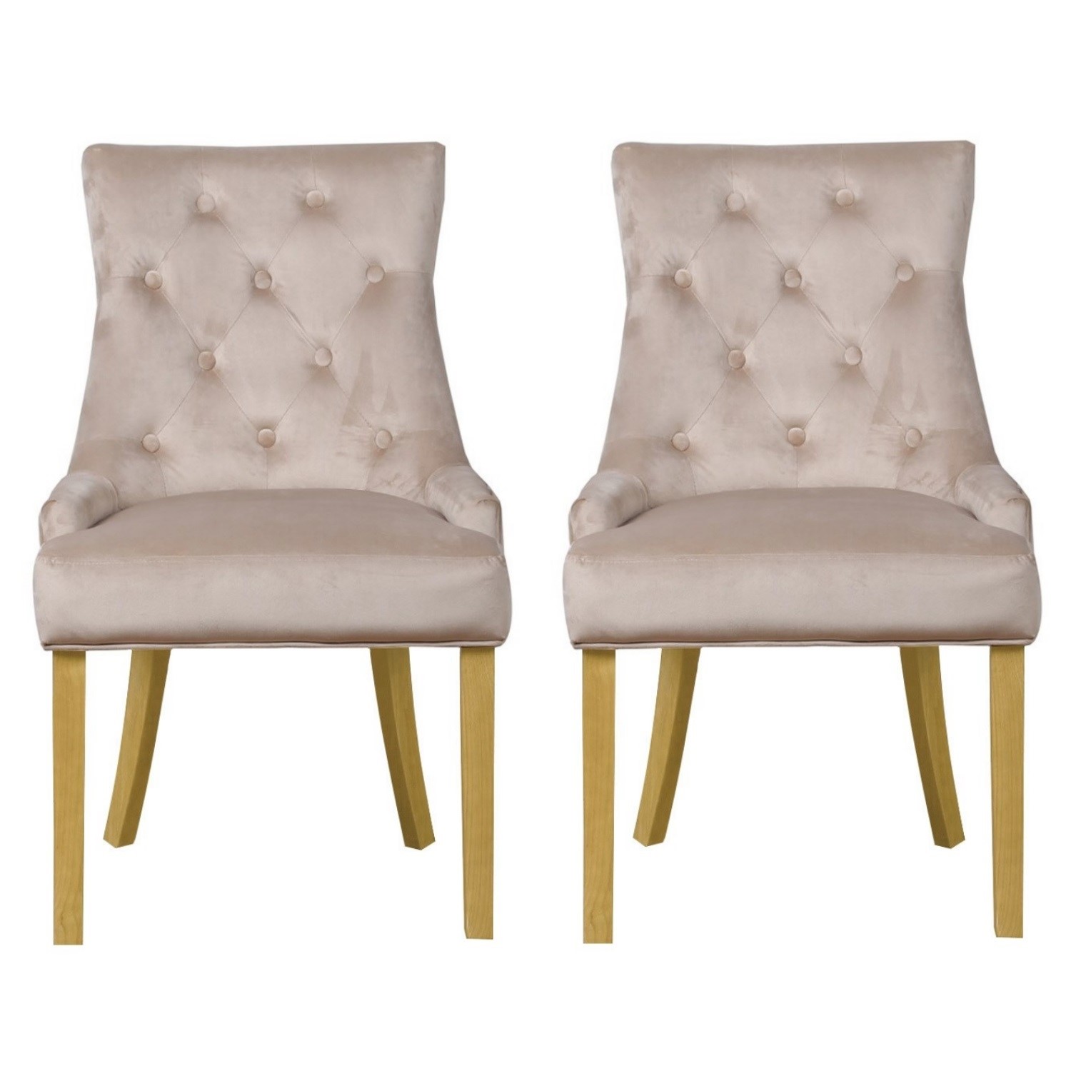 New Modern Luxury Premium Pair of Velvet Dining Chairs Beige with Oak