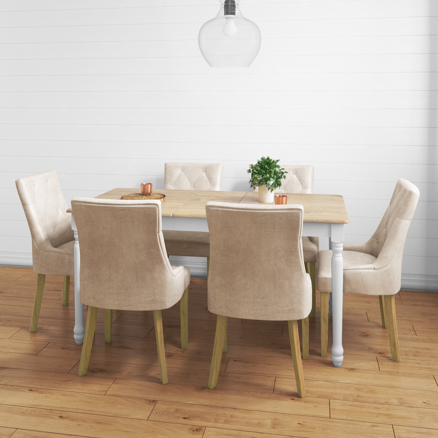 New Modern Luxury Premium Pair of Velvet Dining Chairs Beige with Oak