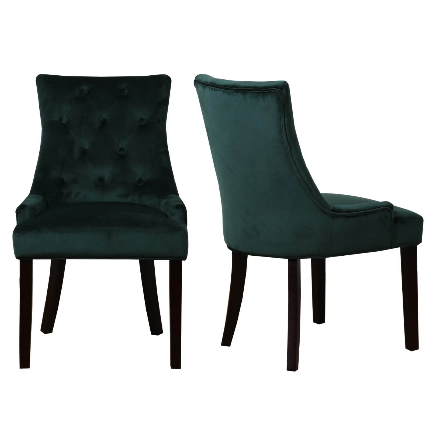 Pair of Buttoned Green Velvet Dining Chairs with Black Legs Kaylee