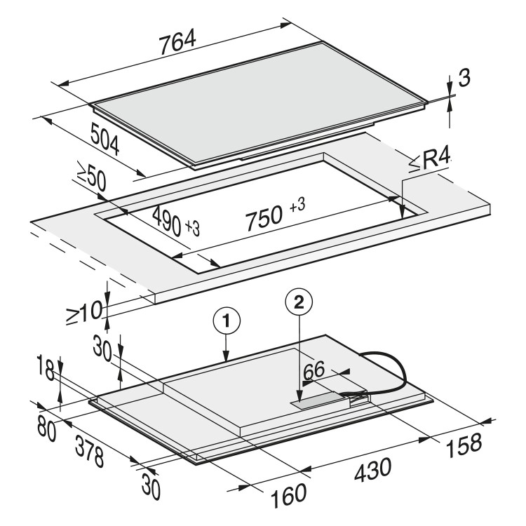 Miele KM7210FR 77cm 4 Zone Induction Hob with Extendible Zone