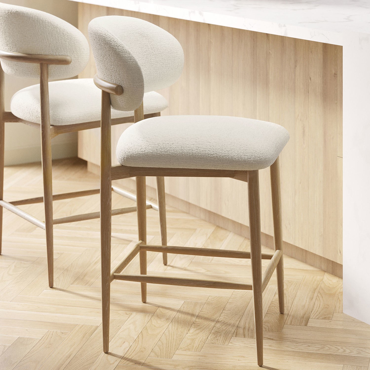 Cream Upholstered Curved Kitchen Stool w...