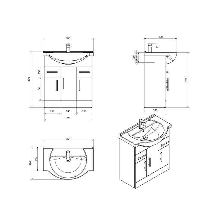 White Free Standing Triple Door Bathroom Vanity Unit & Basin - W750mm