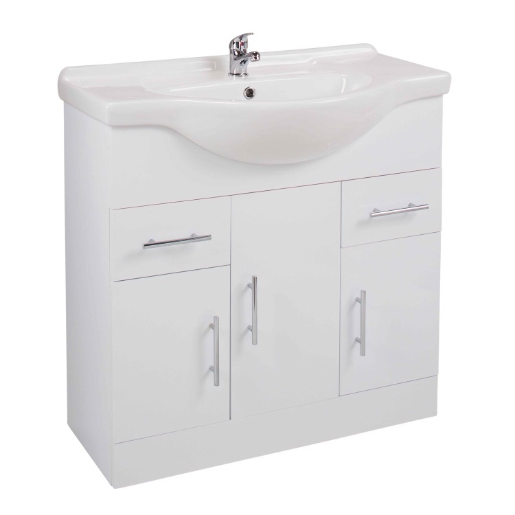 White Free Standing Triple Door Bathroom Vanity Unit & basin - W850mm