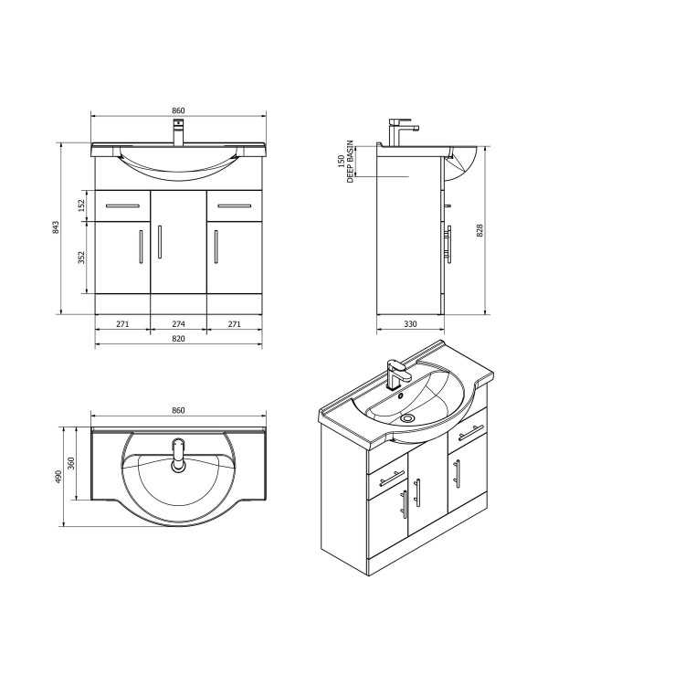 White Free Standing Triple Door Bathroom Vanity Unit & basin - W850mm