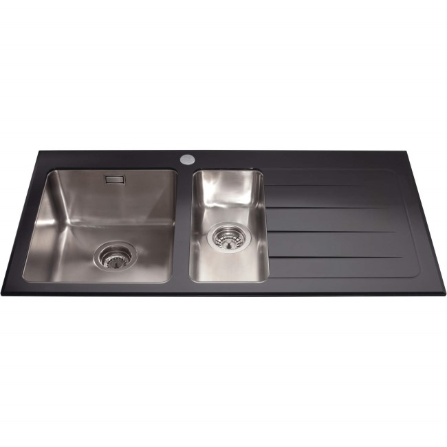 GRADE A1 - CDA KVL02BL KVL02 Inset 1.5 Bowl Right Handed Drainer Glass Sink Black