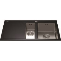 CDA KVL12LBL One And A Half Bowl Left Hand Drainer Glass Sink Black