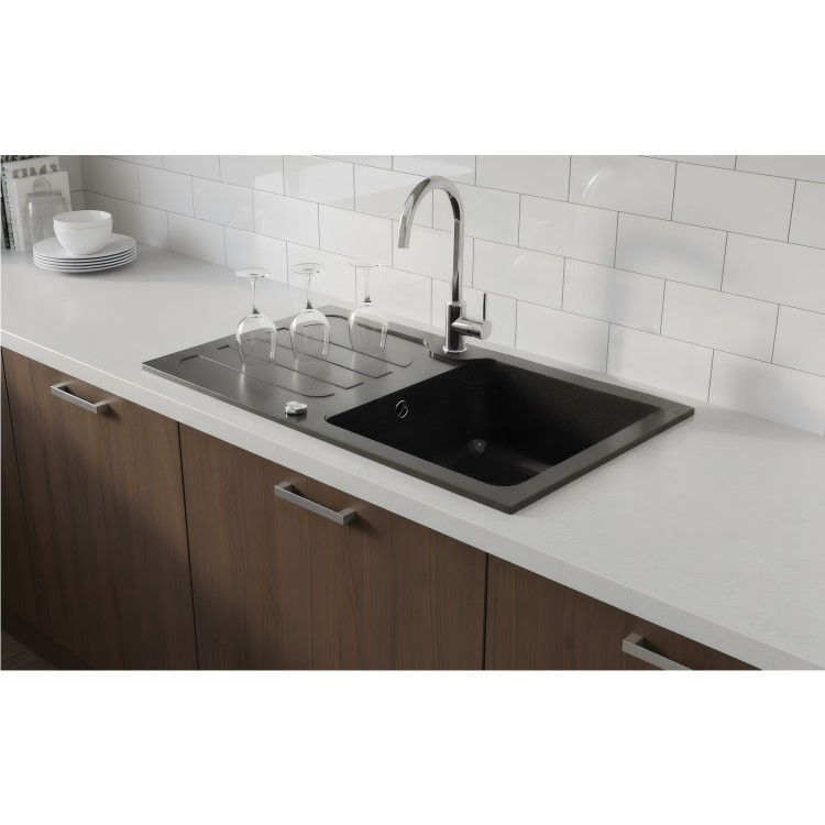 Single Bowl Black Inset Granite Composite Kitchen Sink with Reversible Drainer - Enza Laurie