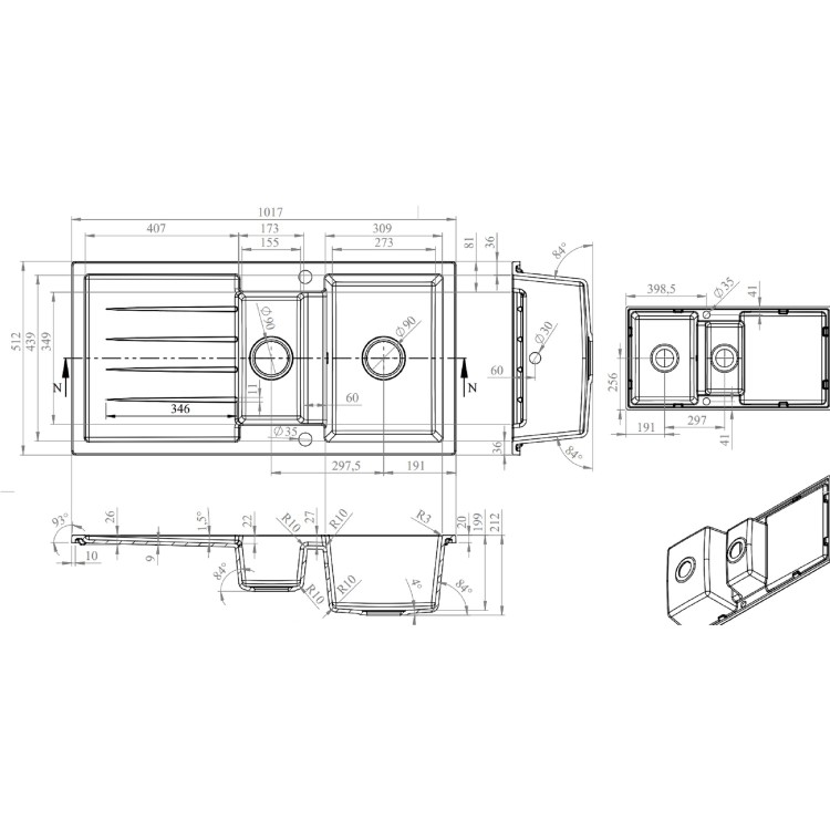 Large 1 Bowl White Granite Composite Inset Kitchen Sink & Waste - 970 x 500mm - Laurie