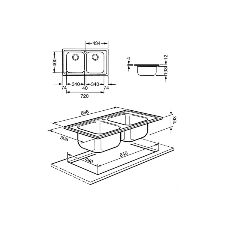 Double Bowl Inset Chrome Stainless Steel Kitchen Sink - Smeg Rigae