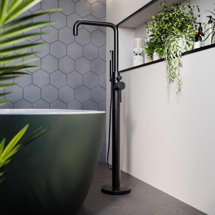 GRADE A2 - Matt Black Freestanding Bath Shower Mixer Tap - Lenton