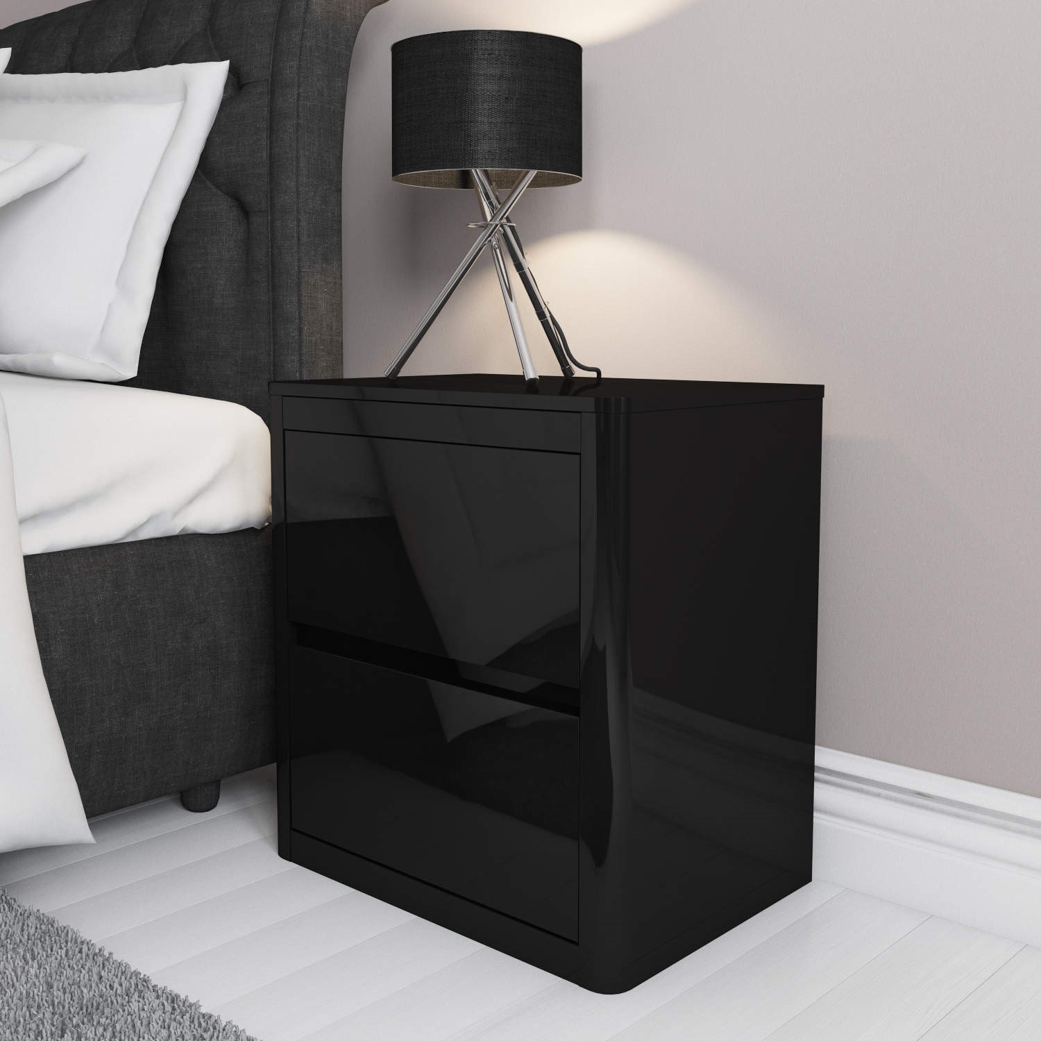 Black High Gloss Bedside Table 2 Drawer Chest Bedroom Furniture 5056096000320 eBay