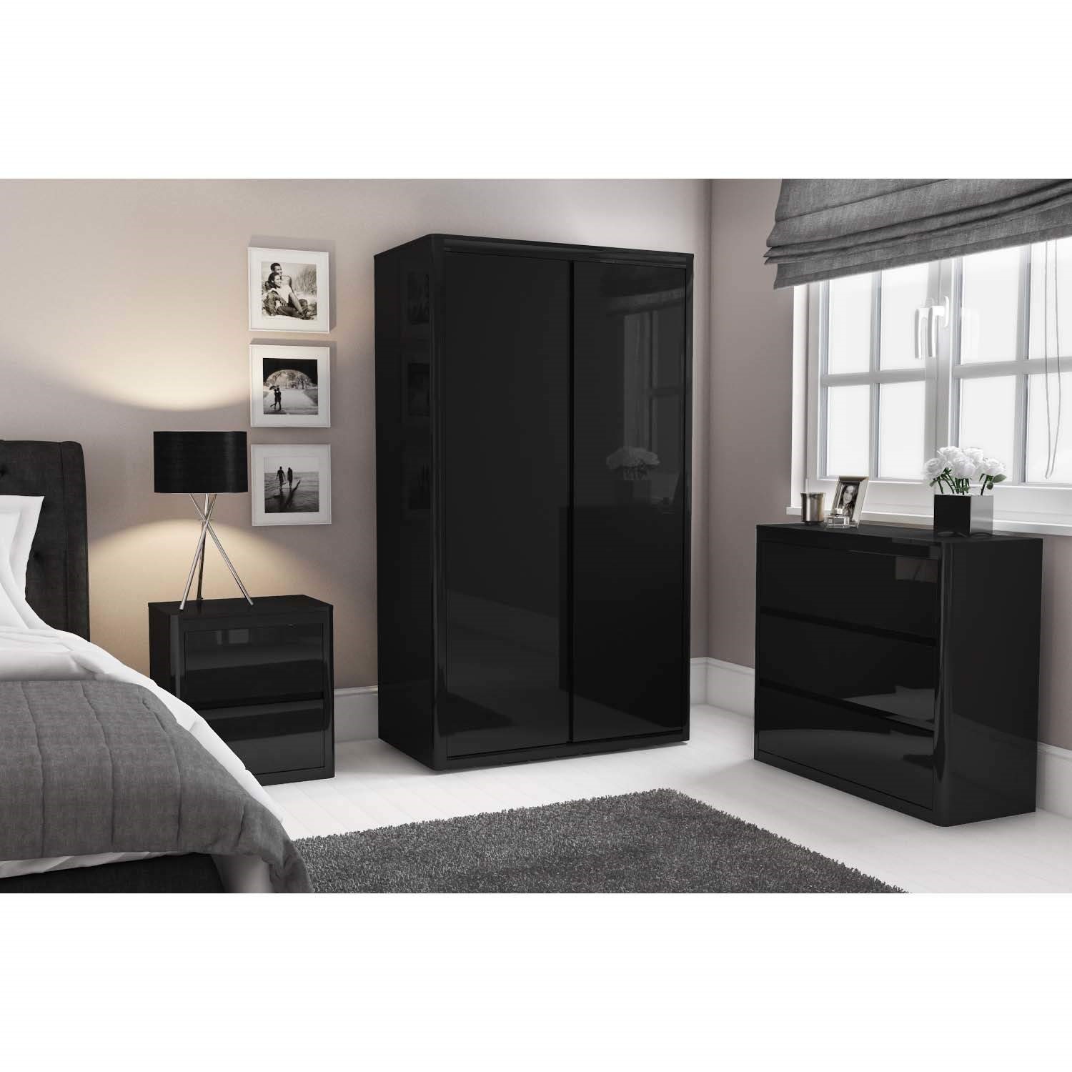 Black High Gloss Bedside Table 2 Drawer Cabinet Chest ...