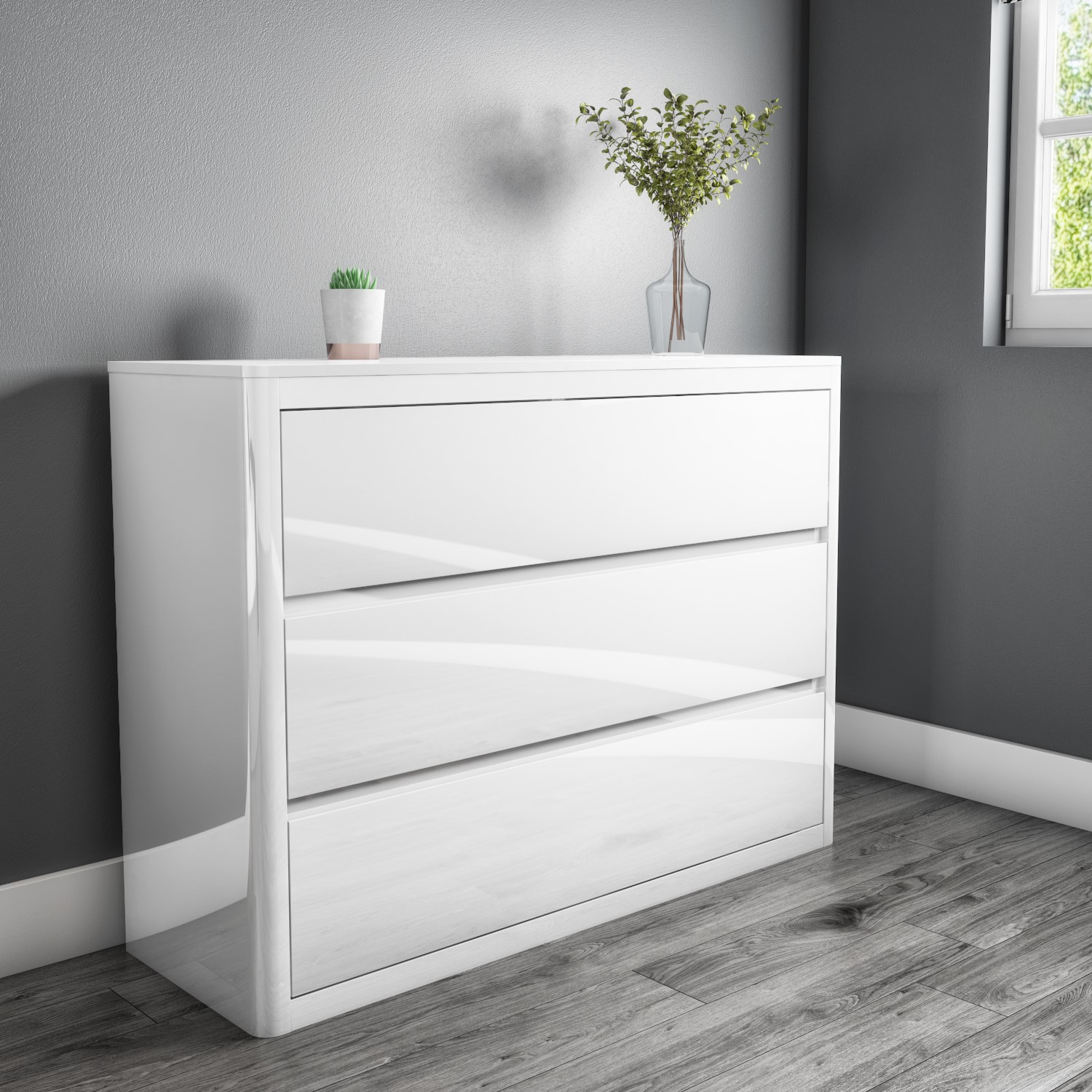 White High Gloss Wide Chest Of Drawers 3 Drawer Bedside Cabinet Bedroom Ebay