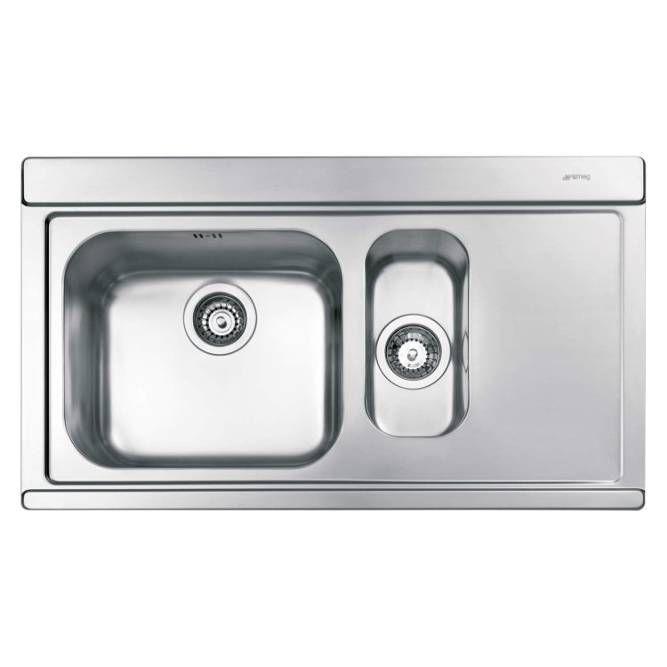 GRADE A1 - Smeg LI915ND Iris 90cm Stainless Steel 1.5 Bowl Single Right Hand Drainer Inset Sink With Black Glass Chopping Boards
