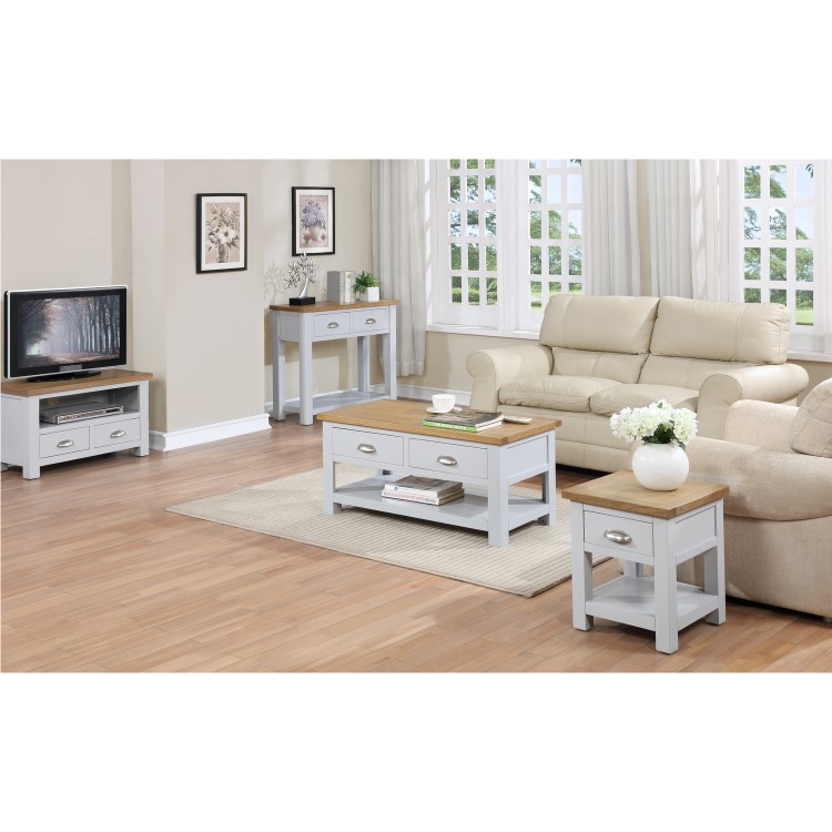 Linden Grey Farmhouse TV Unit Stand with Light Oak Top