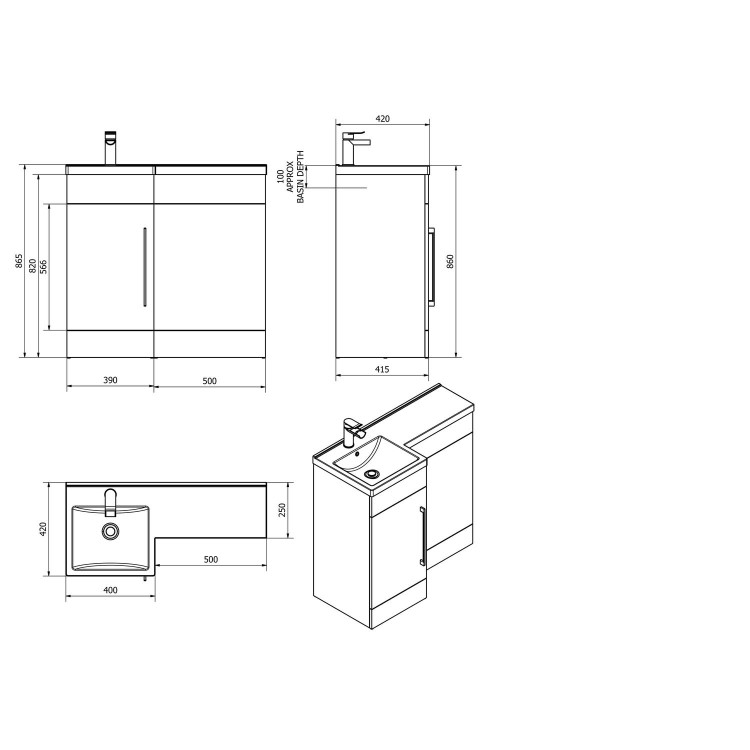 White L-Shaped Mid Edge Basin & WC Unit Right Hand - W900 x H860mm