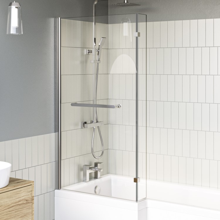 Lomax L Shape 1450mm 6mm Chrome Bath Screen with Towel Rail