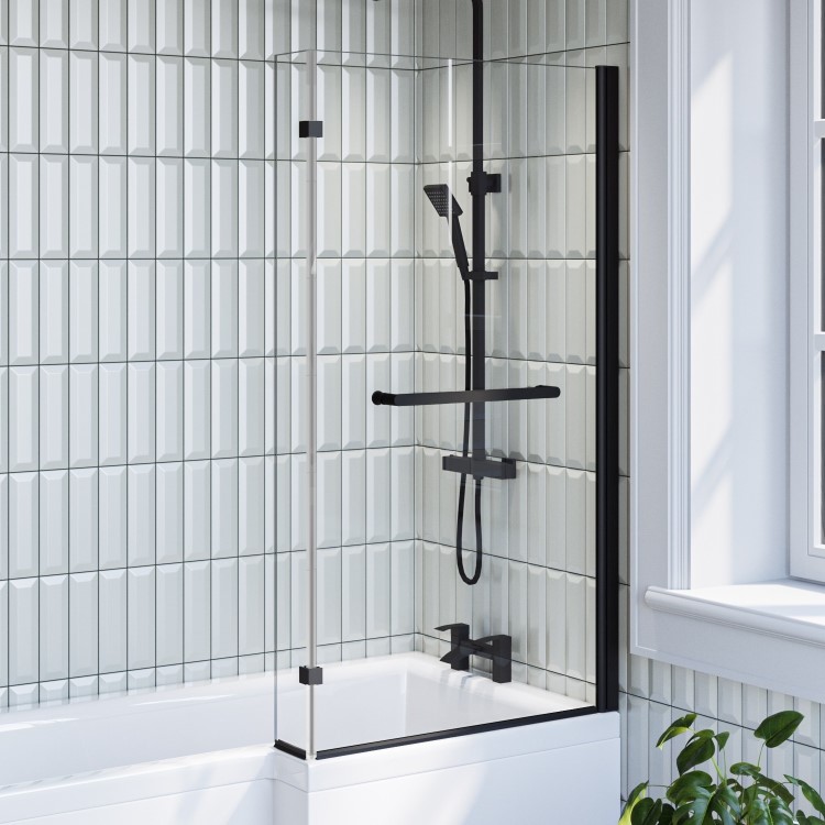 Lomax L Shape 1450mm 6mm Matt Black Bath Screen with Towel Rail
