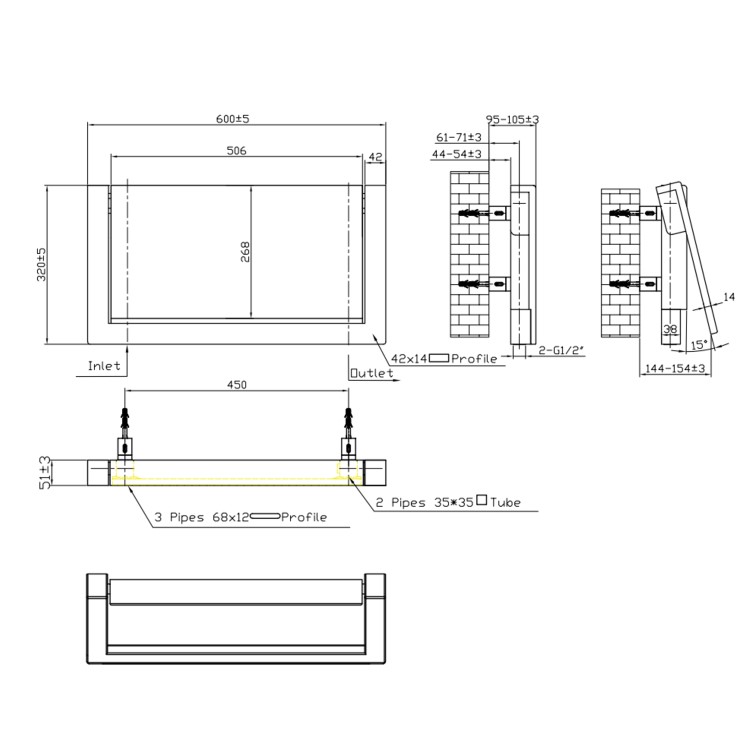 Black Horizontal Panel Radiator with Towel Bar 320 x 600mm - Lomas