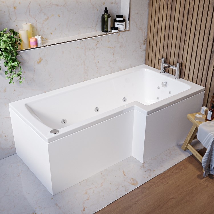 L Shape Whirlpool Spa Shower Bath, Right Hand 1700 x 850mm - Lomax