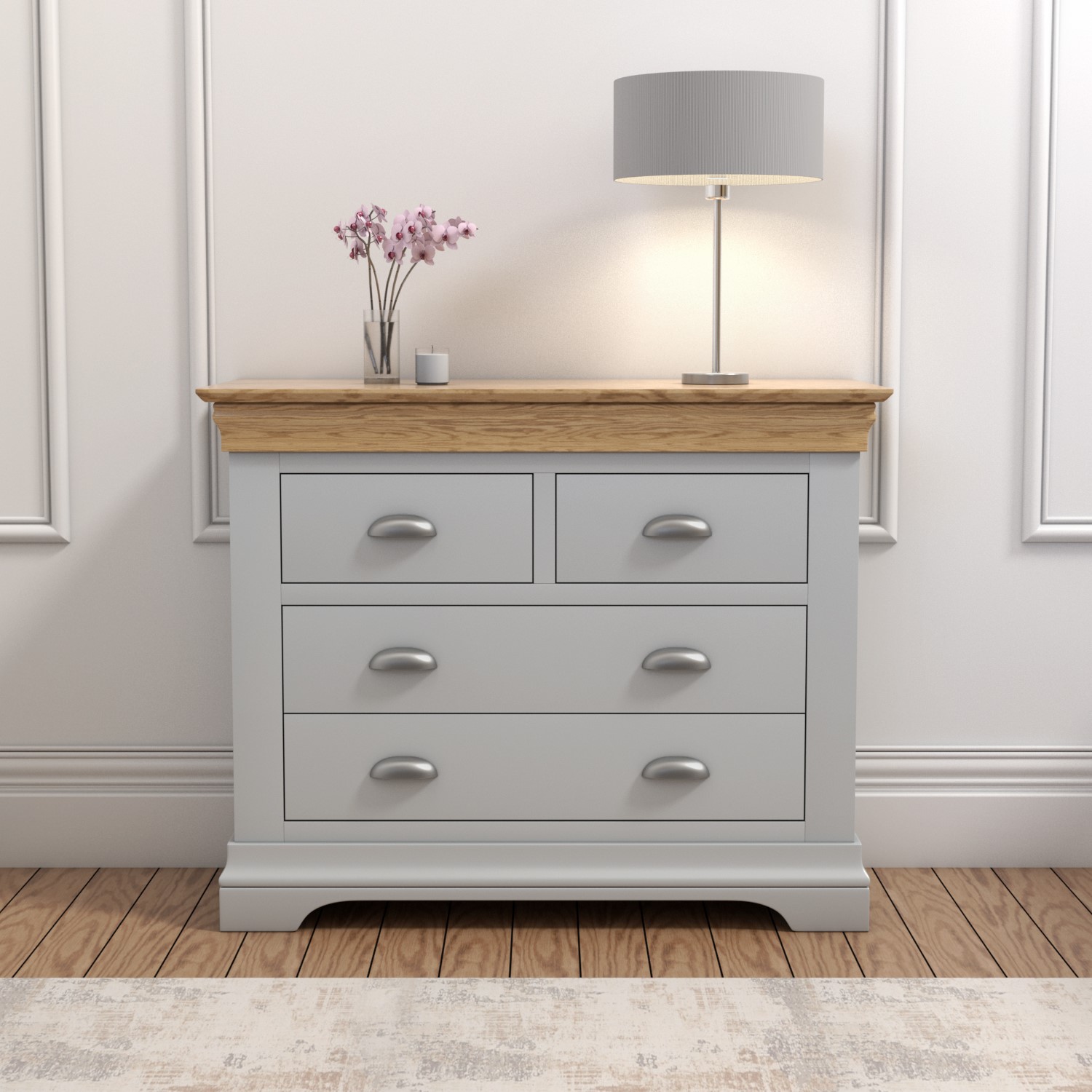 Grey Chest of Drawers Oak Top 2+2 Drawer Solid Wood Bedroom Storage Cup