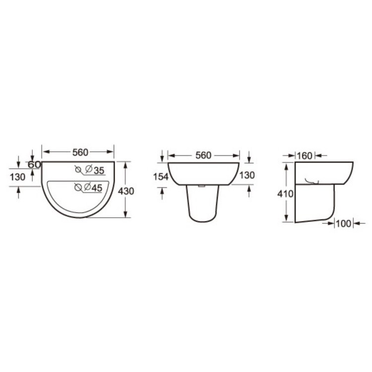 Curve Wall Mount Sink with Semi Pedestal - 1 Tap Hole