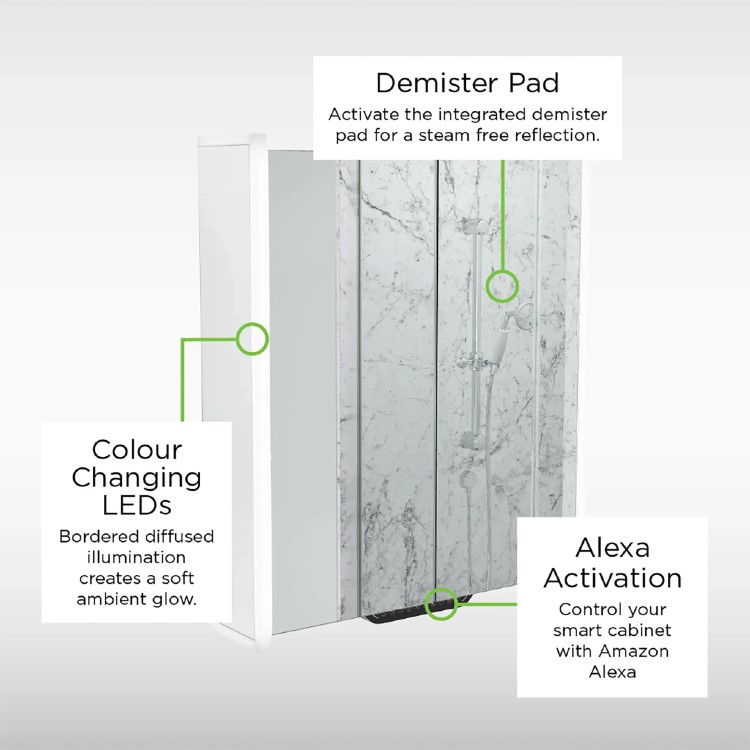 Sensio Luka Double Door Chrome Mirrored Bathroom Cabinet with Lights, Built in Alexa and Bluetooth 660 x 700mm