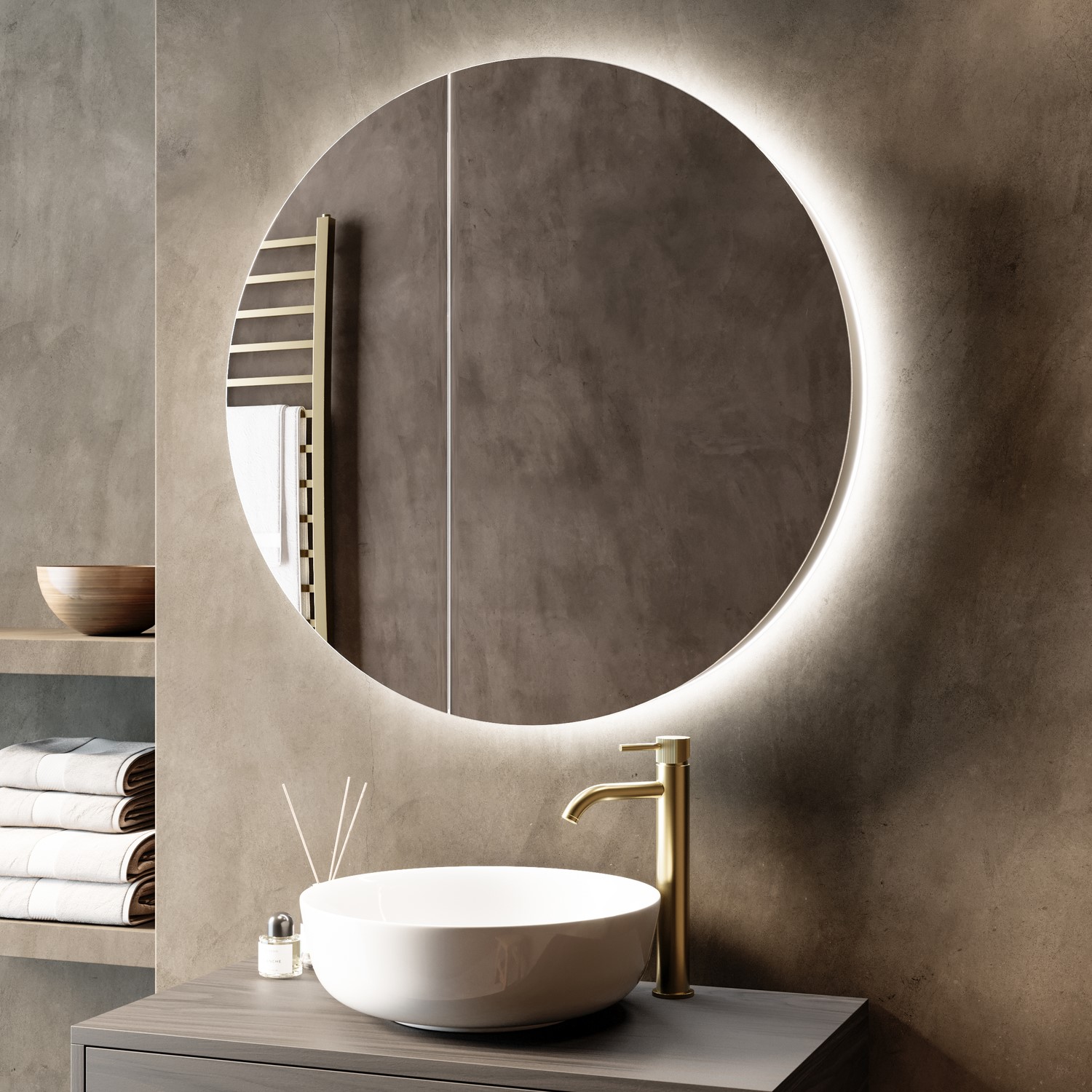 Single Door Round Chrome Heated Bathroom Mirror Cabinet with Lights 800mm - Luna