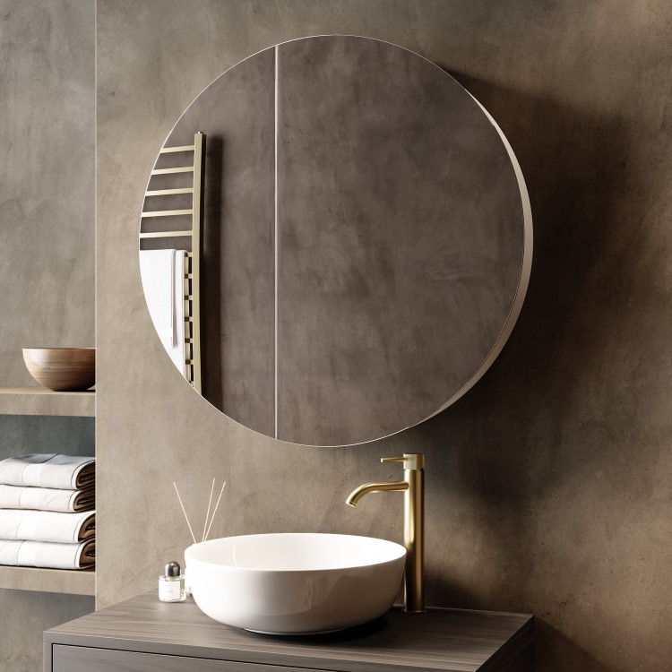 Single Door Round Chrome Heated Bathroom Mirror Cabinet with Lights 800mm - Luna