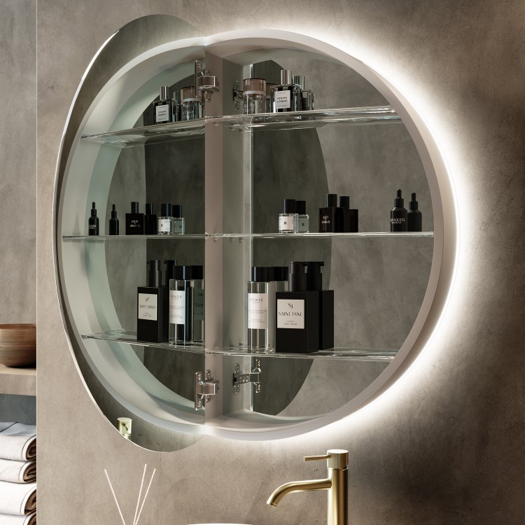 Single Door Round Chrome Heated Bathroom Mirror Cabinet with Lights 800mm - Luna
