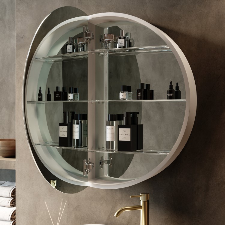 Single Door Round Chrome Heated Bathroom Mirror Cabinet with Lights 800mm - Luna