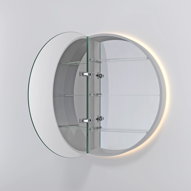 Single Door Round Chrome Heated Bathroom Mirror Cabinet with Lights 800mm - Luna