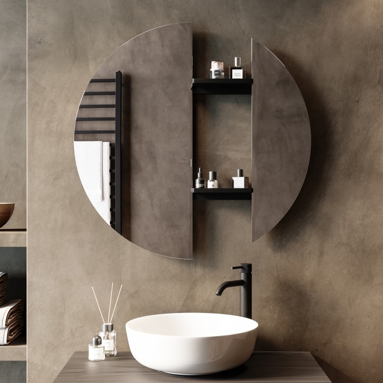 Round Backlit Heated Bathroom Mirror with Lights & Black Shelves 800mm – Luna