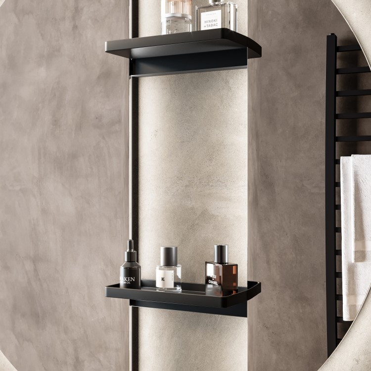 Round Backlit Heated Bathroom Mirror with Lights & Black Shelves 800mm – Luna
