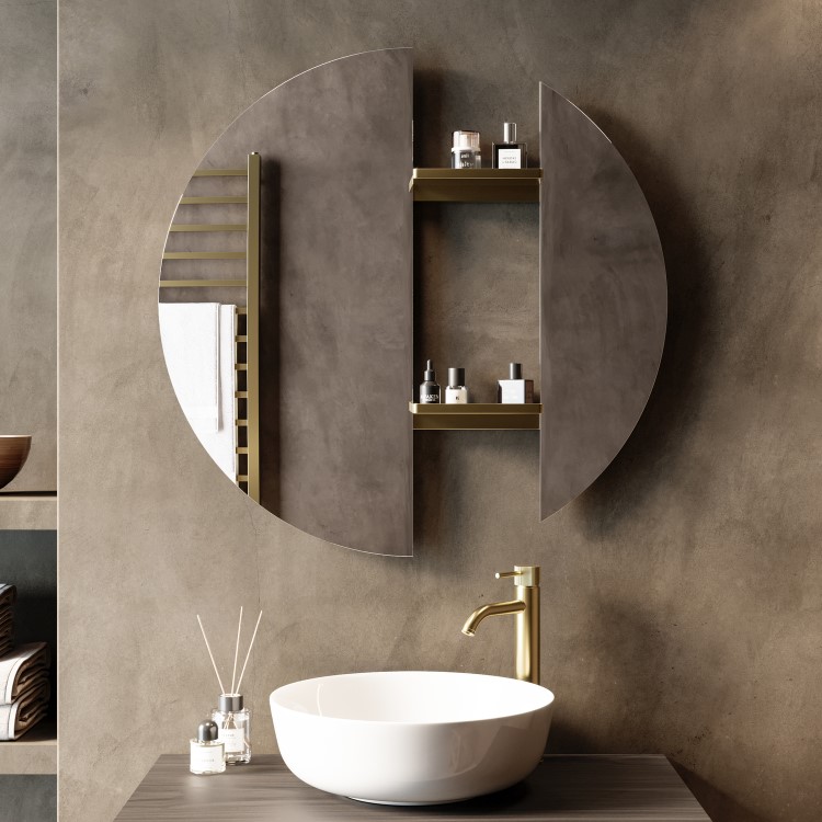 Round Backlit Heated Bathroom Mirror with Lights & Brass Shelves 800mm - Luna