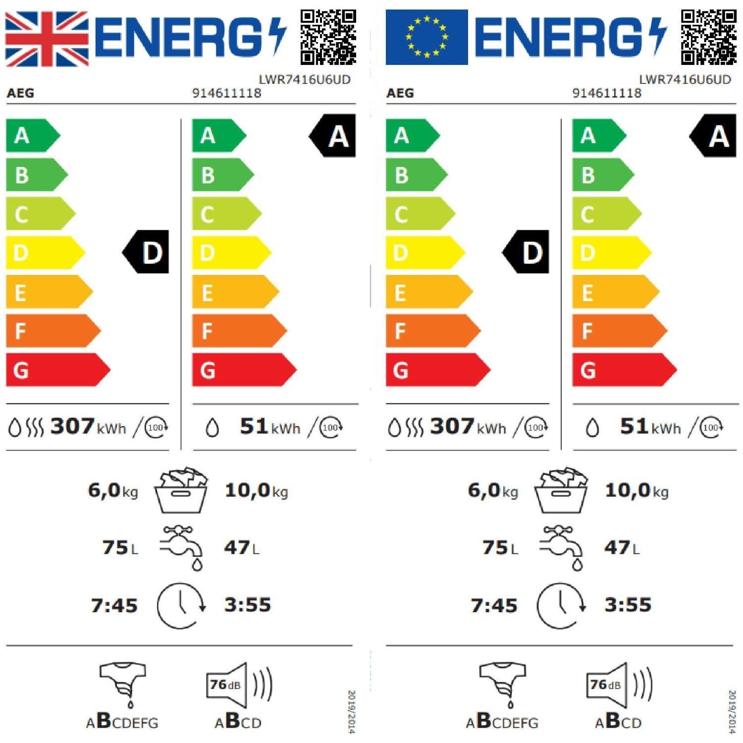 AEG 7000 Series ProSteam® 10kg Wash 6kg Dry 1600rpm Washer Dryer
