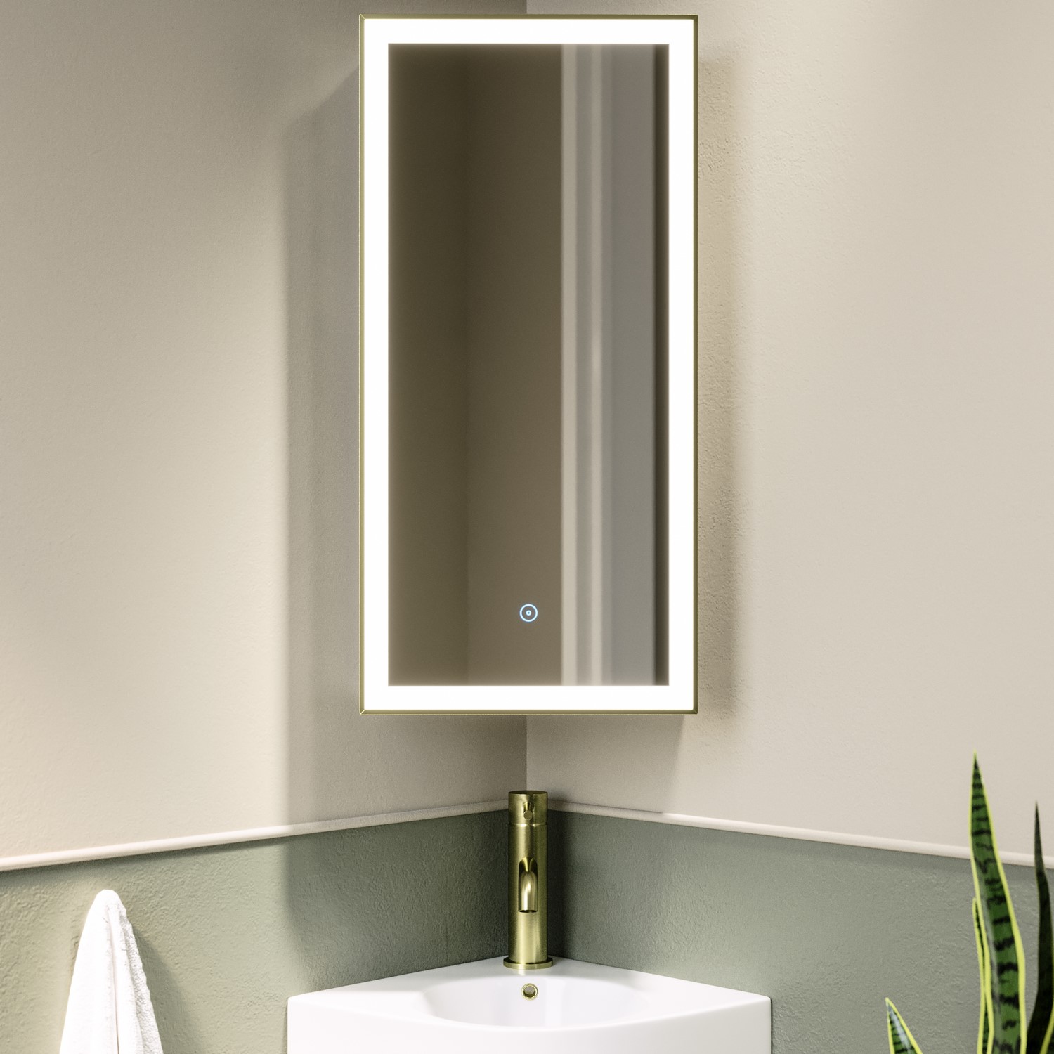 Single Door Corner Brass Bathroom Mirror Cabinet with Lights 300 x 600mm - Lykos