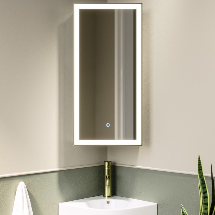 Single Door Corner Brass Mirrored Bathroom Cabinets with Lights 300 x 600mm - Lykos