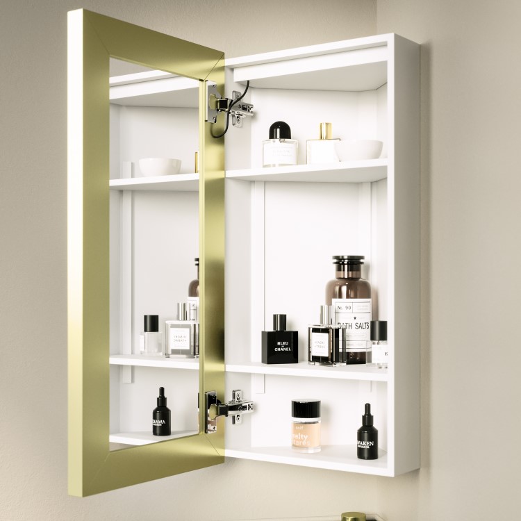 Single Door Corner Brass Mirrored Bathroom Cabinets with Lights 300 x 600mm - Lykos