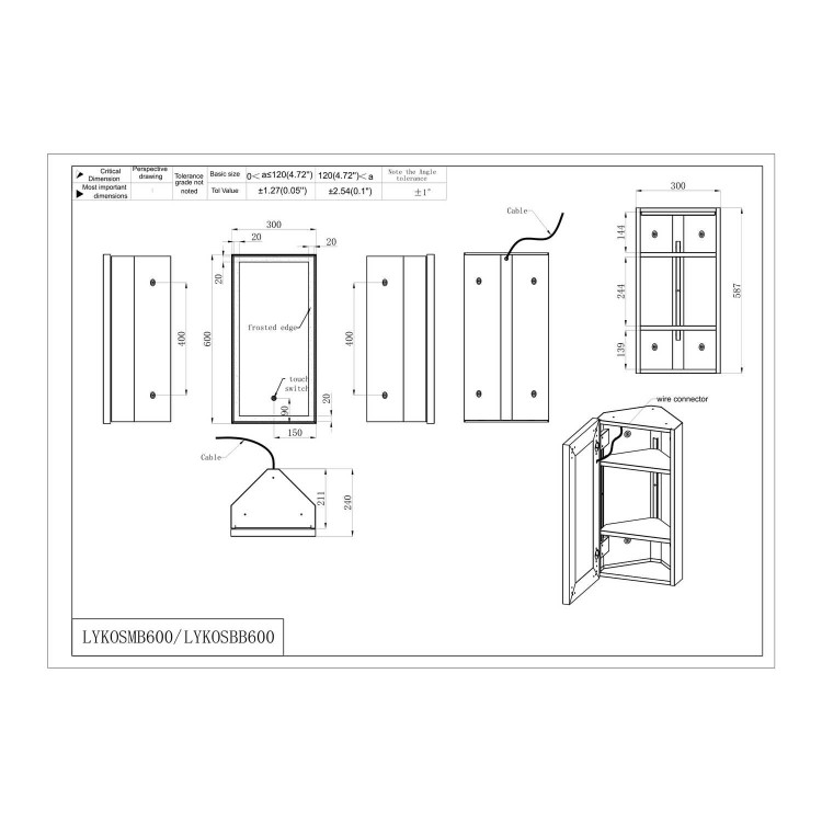 Single Door Corner Brass Bathroom Mirror Cabinet with Lights 300 x 600mm - Lykos