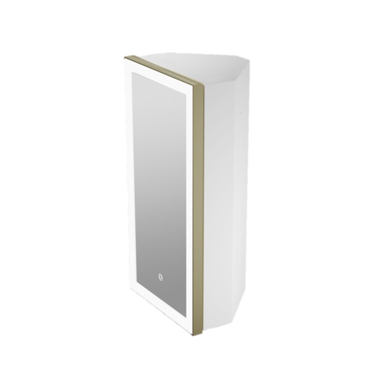 Single Door Corner Brass Mirrored Bathroom Cabinets with Lights 300 x 600mm - Lykos