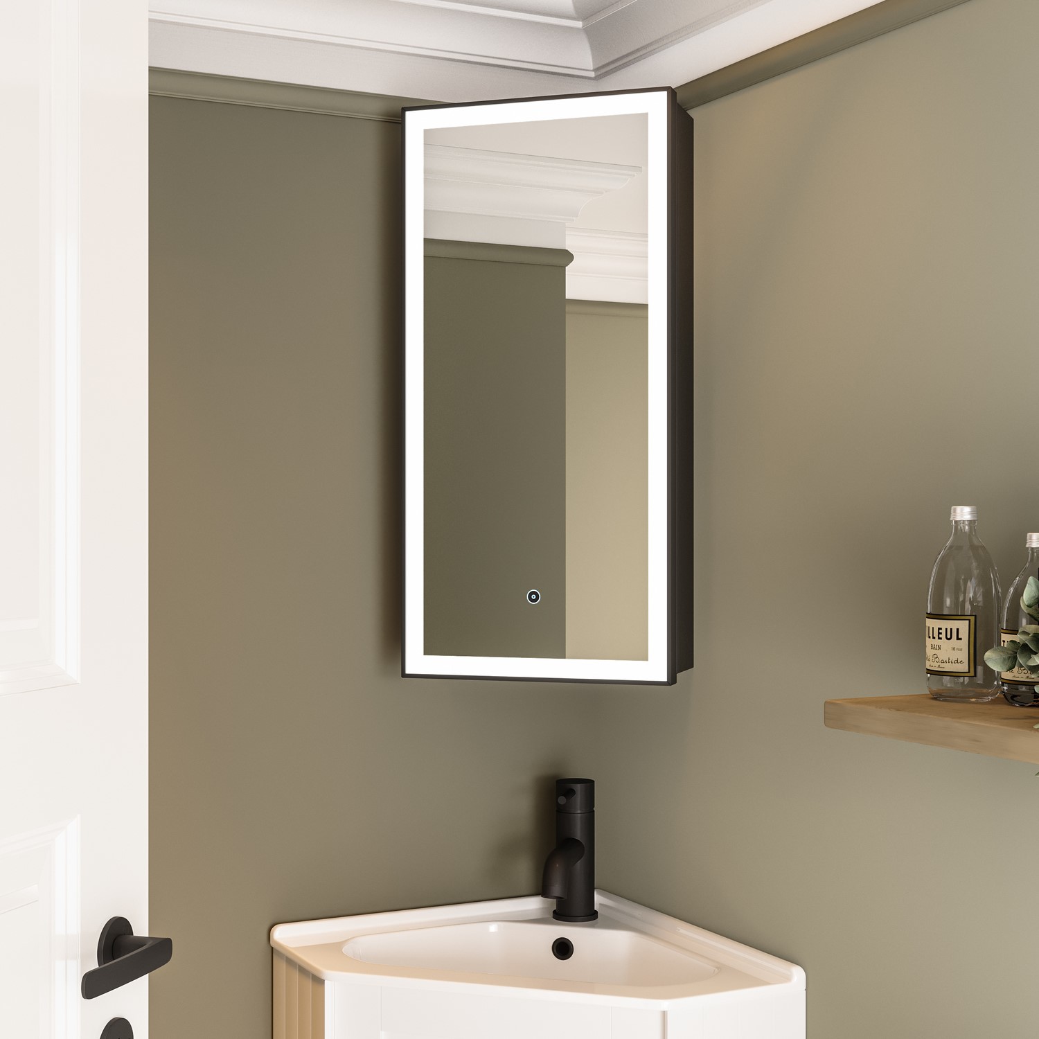Lykos Single Door Corner  Bathroom Mirror Cabinet With Lights 300 X 600Mm LYKOSMB600
