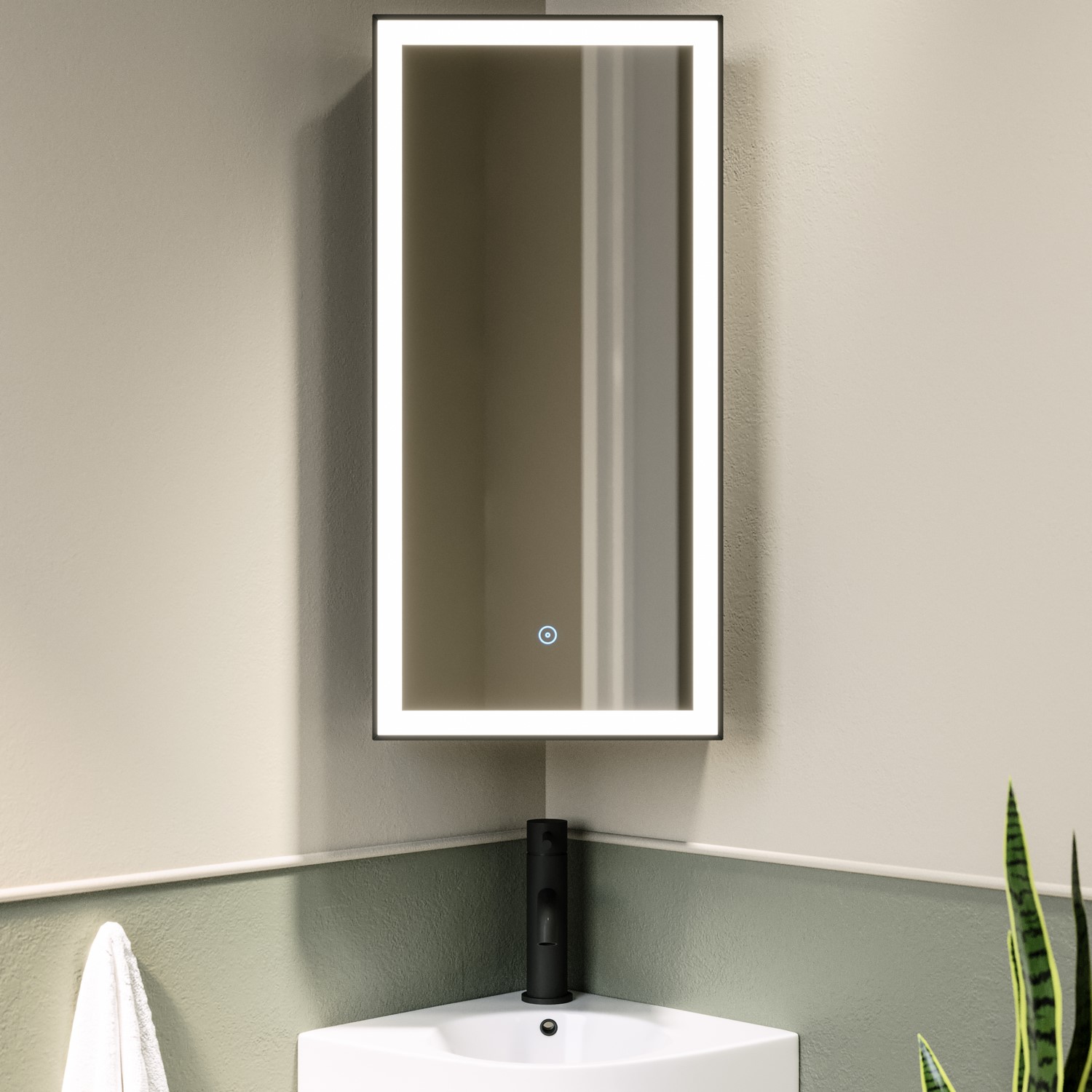 Single Door Corner Black Bathroom Mirror Cabinet with Lights 300 x 600mm - Lykos