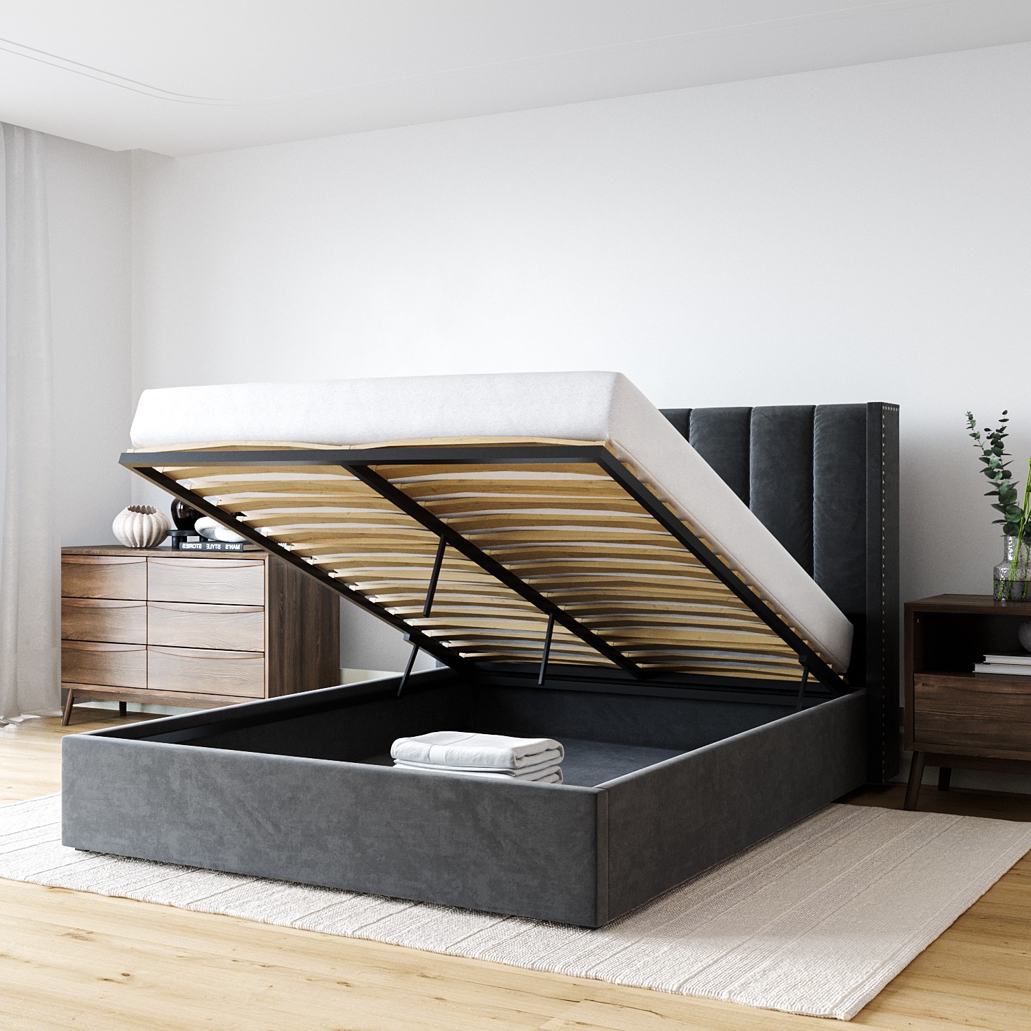 Maddox Wing Back King Size Ottoman Bed in Grey Velvet MAD005