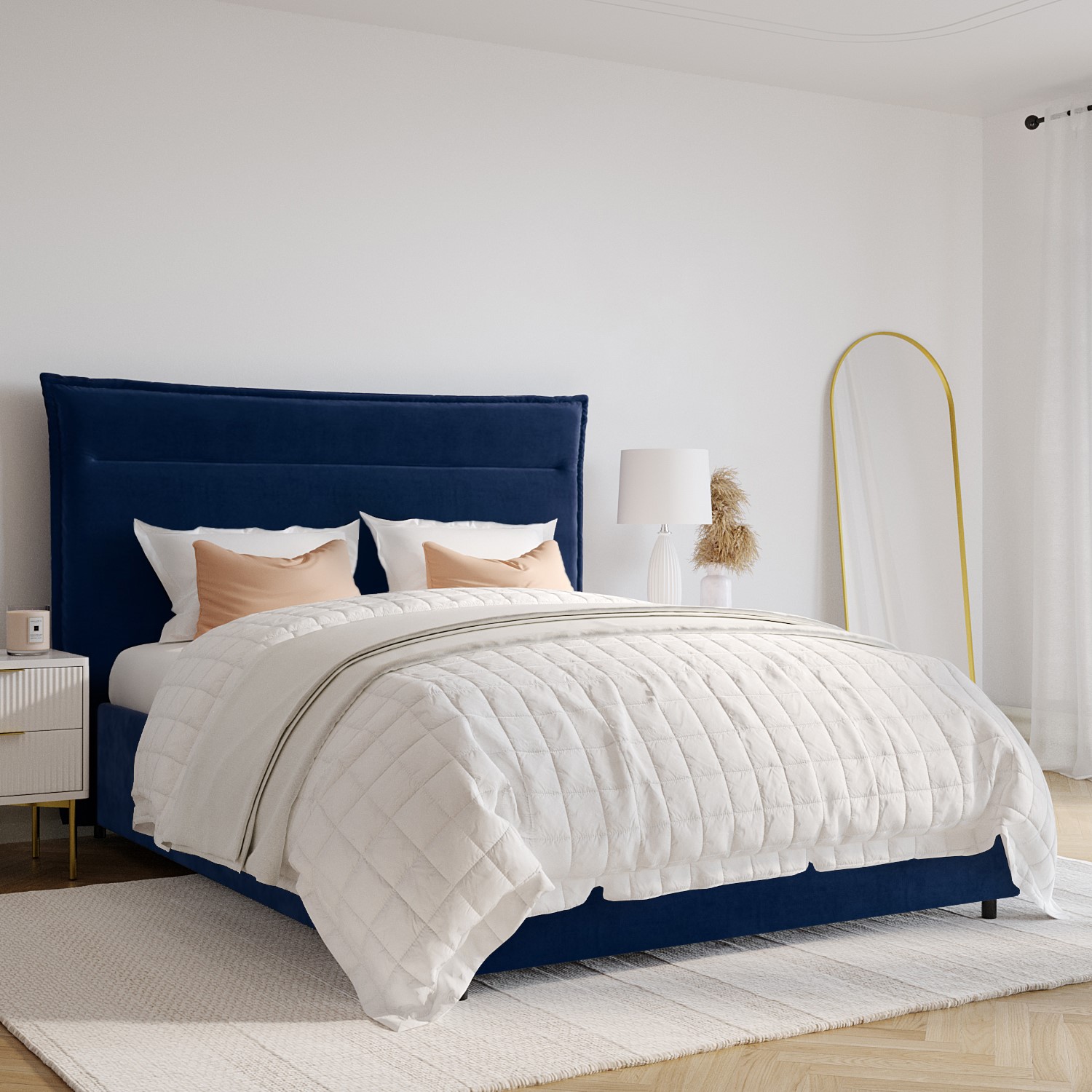 Maddox Navy Blue Velvet King Size Bed Frame with Cushioned Headboard | eBay