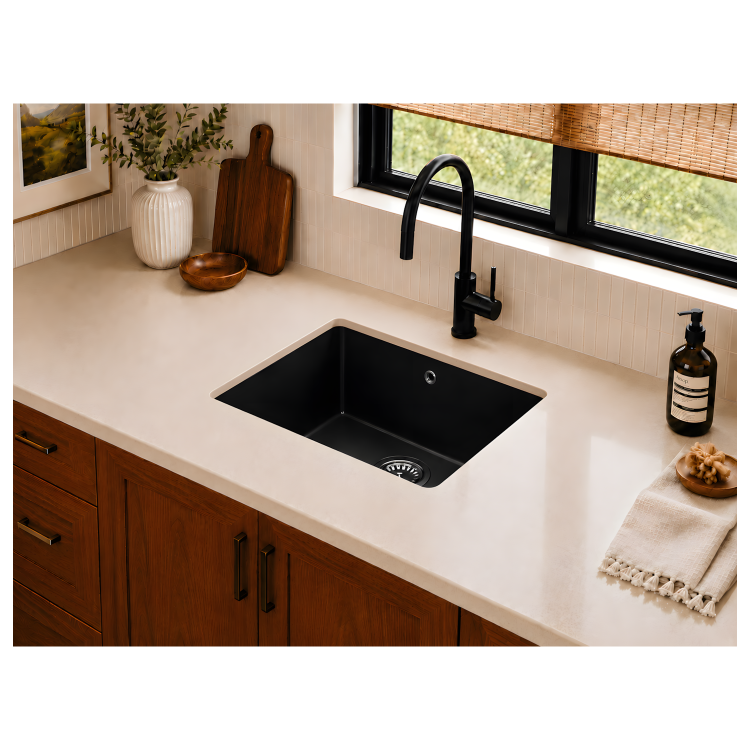 Single Bowl Undermount Black Granite Composite Kitchen Sink - Enza Madison