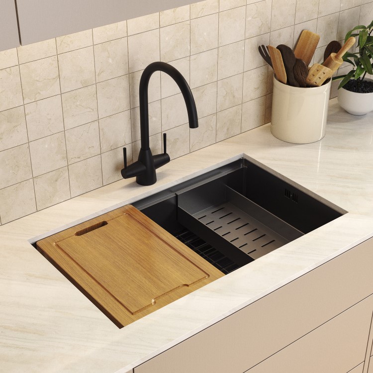 Black Large Undermount Kitchen Workstation Sink Unit & Accessories - Mae