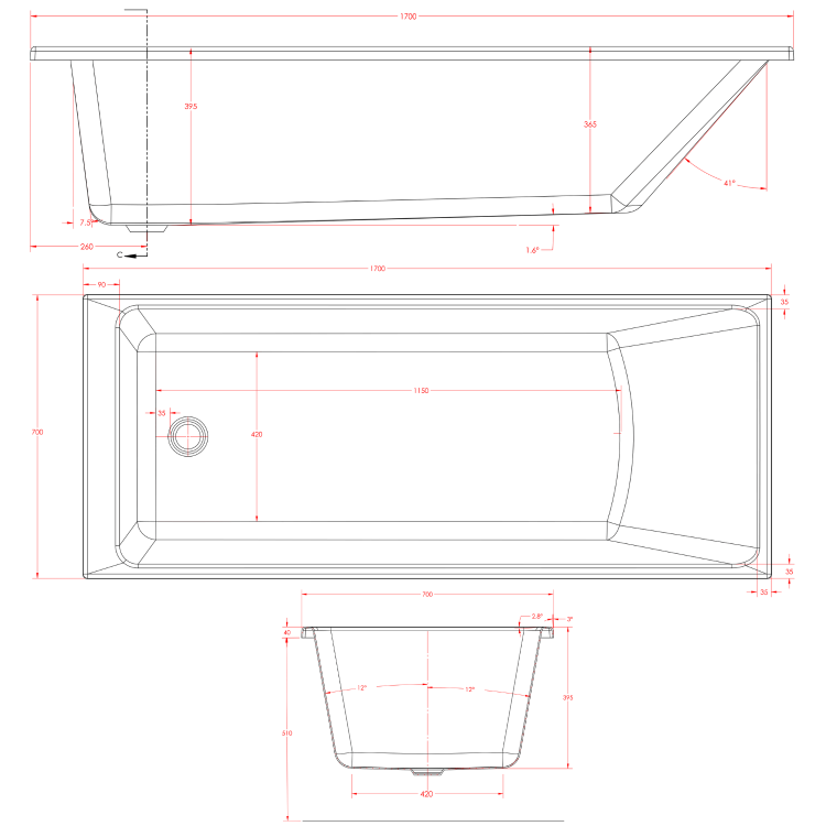 Malden Matt Black Square Single Ended Bath - 1700 x 700mm