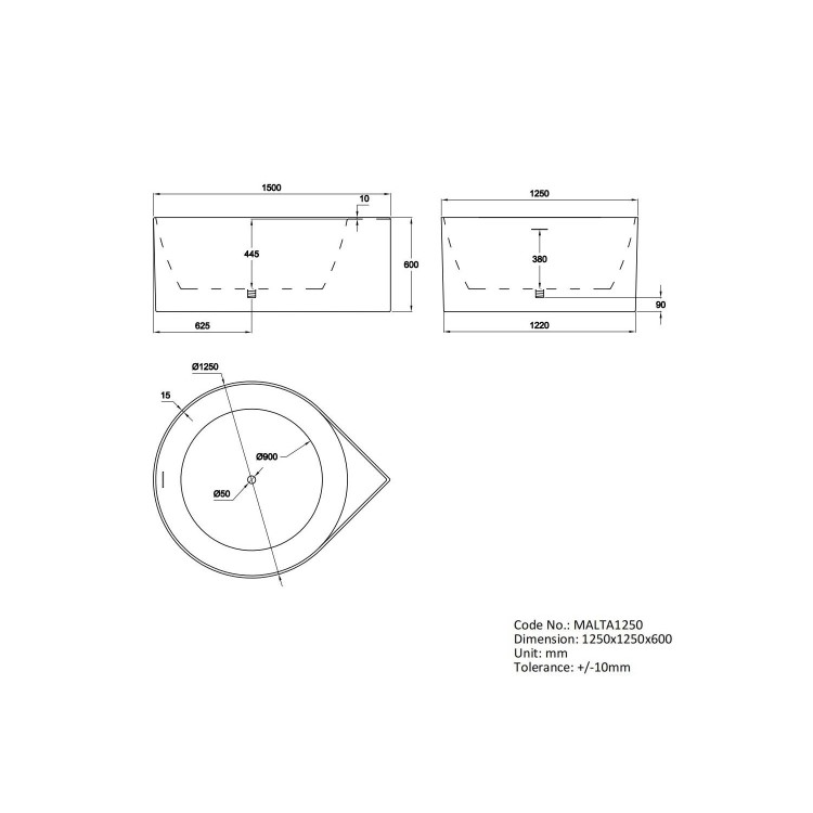 Freestanding Double Ended Round Corner Bath 1250 x 1250mm - Malta